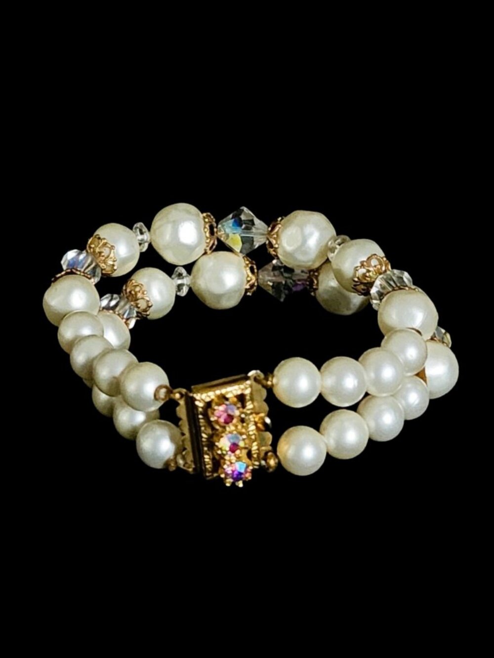 Vtg 60s Mid-Century Faux Pearl & Aurora Borealis Crystal Double Strand Bracelet